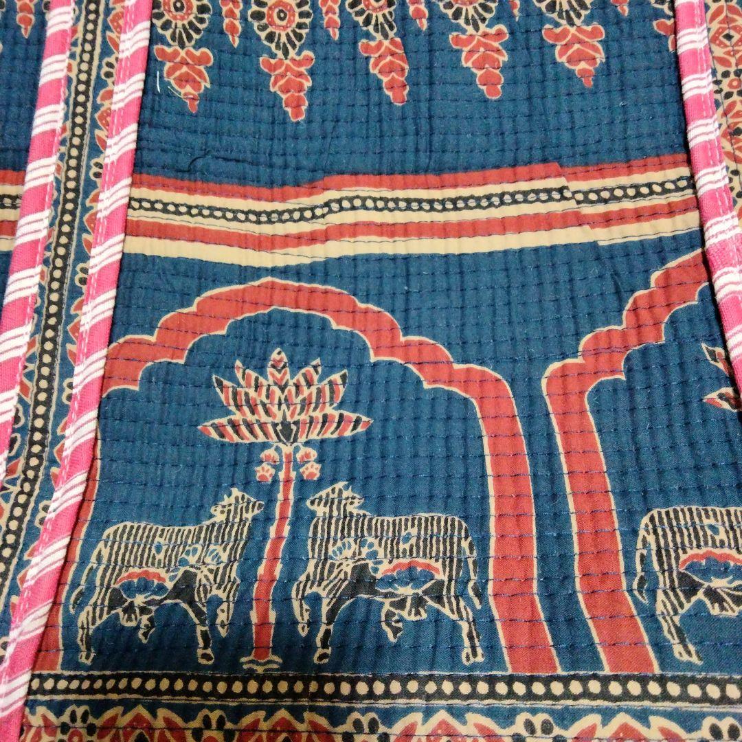 インド製 トートバッグ ブロックプリント×キルト 大容量 ネイビー【6O-13】