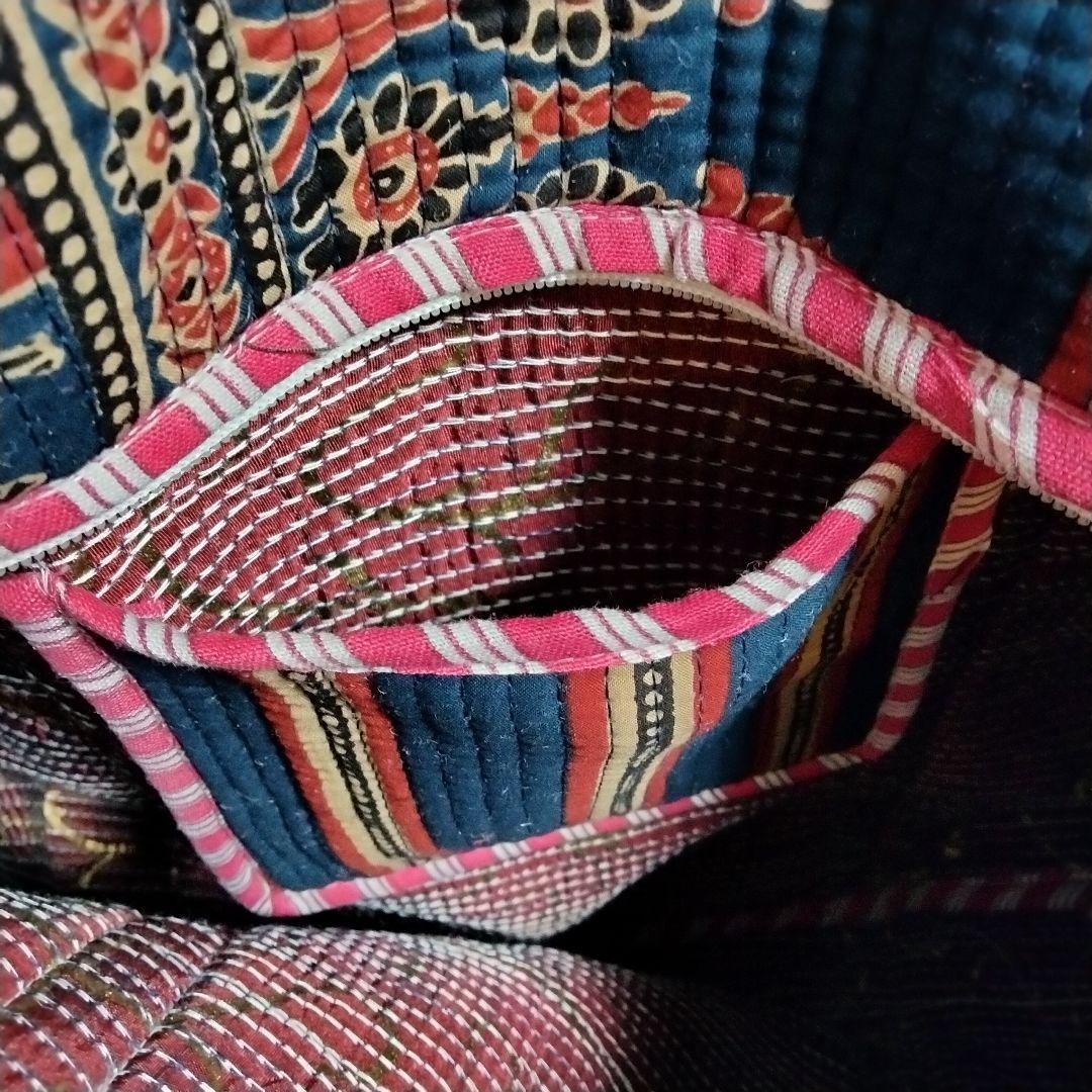 インド製 トートバッグ ブロックプリント×キルト 大容量 ネイビー【6O-13】