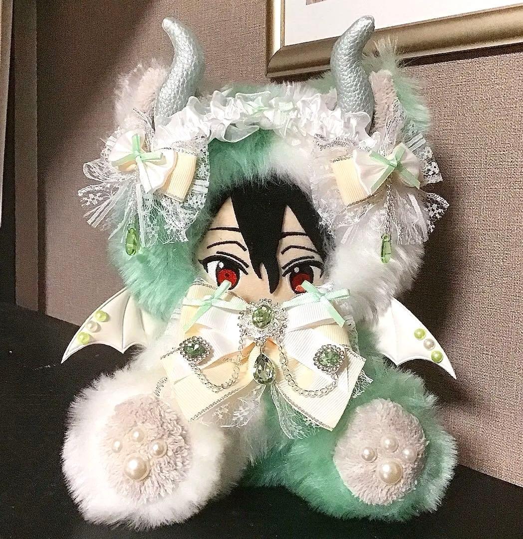 【119】猫　デビル　ミント&ホワイト　おすわり　ぬい服　16cm 着ぐるみ