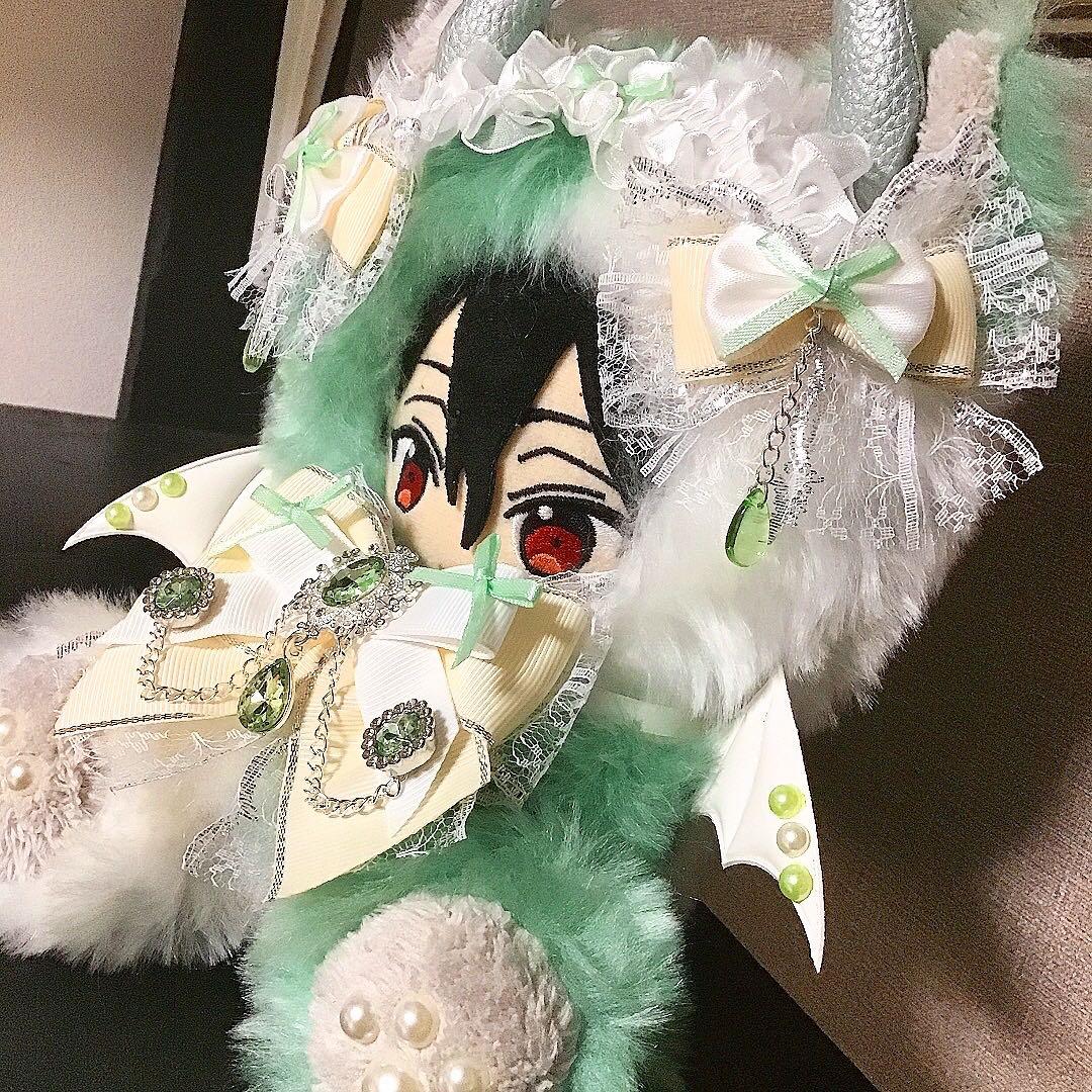 【119】猫　デビル　ミント&ホワイト　おすわり　ぬい服　16cm 着ぐるみ