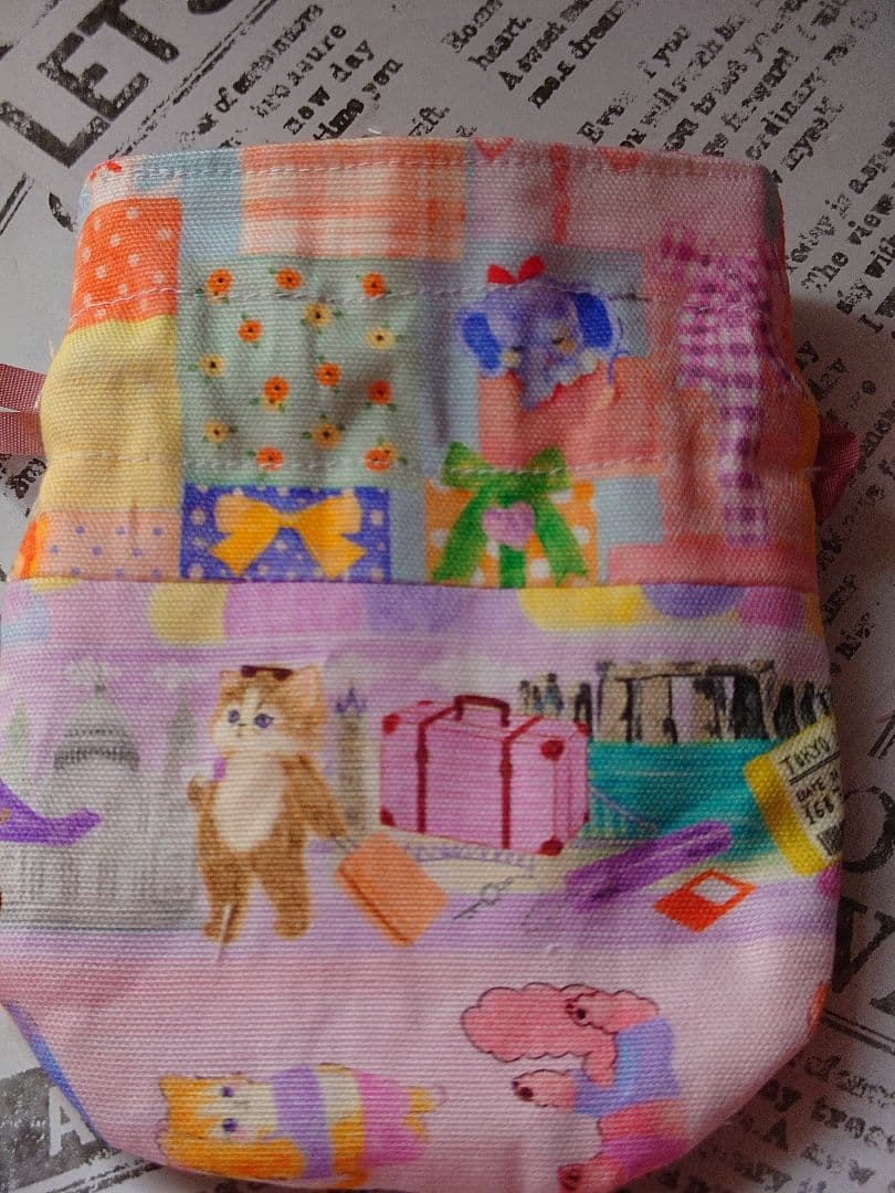 ユキエモン柄　パネル　ファスナー付き　トートバッグ　ショルダー紐と巾着