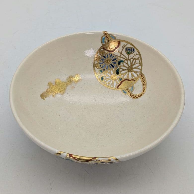 宮川香林 京焼 団扇つなぎ平茶盌 共箱合布栞 色絵金彩 抹茶碗 抹茶茶碗 茶道具