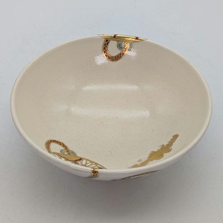 宮川香林 京焼 団扇つなぎ平茶盌 共箱合布栞 色絵金彩 抹茶碗 抹茶茶碗 茶道具