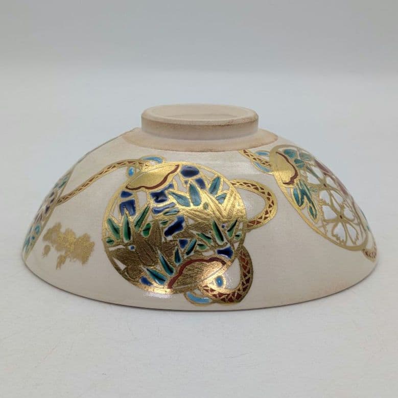 宮川香林 京焼 団扇つなぎ平茶盌 共箱合布栞 色絵金彩 抹茶碗 抹茶茶碗 茶道具