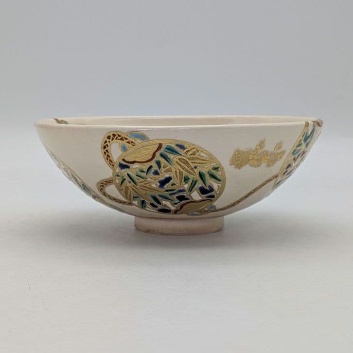 宮川香林 京焼 団扇つなぎ平茶盌 共箱合布栞 色絵金彩 抹茶碗 抹茶茶碗 茶道具