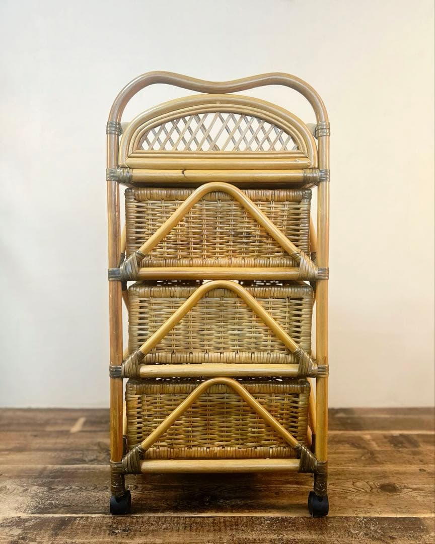 昭和 レトロ 籐 ラタン チェスト ワゴン キャスター　引き出し 天板付　古家具