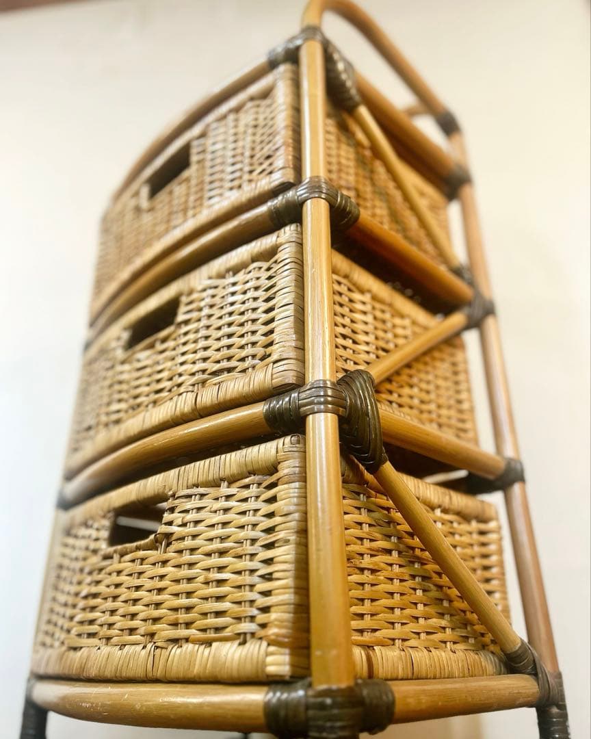 昭和 レトロ 籐 ラタン チェスト ワゴン キャスター　引き出し 天板付　古家具