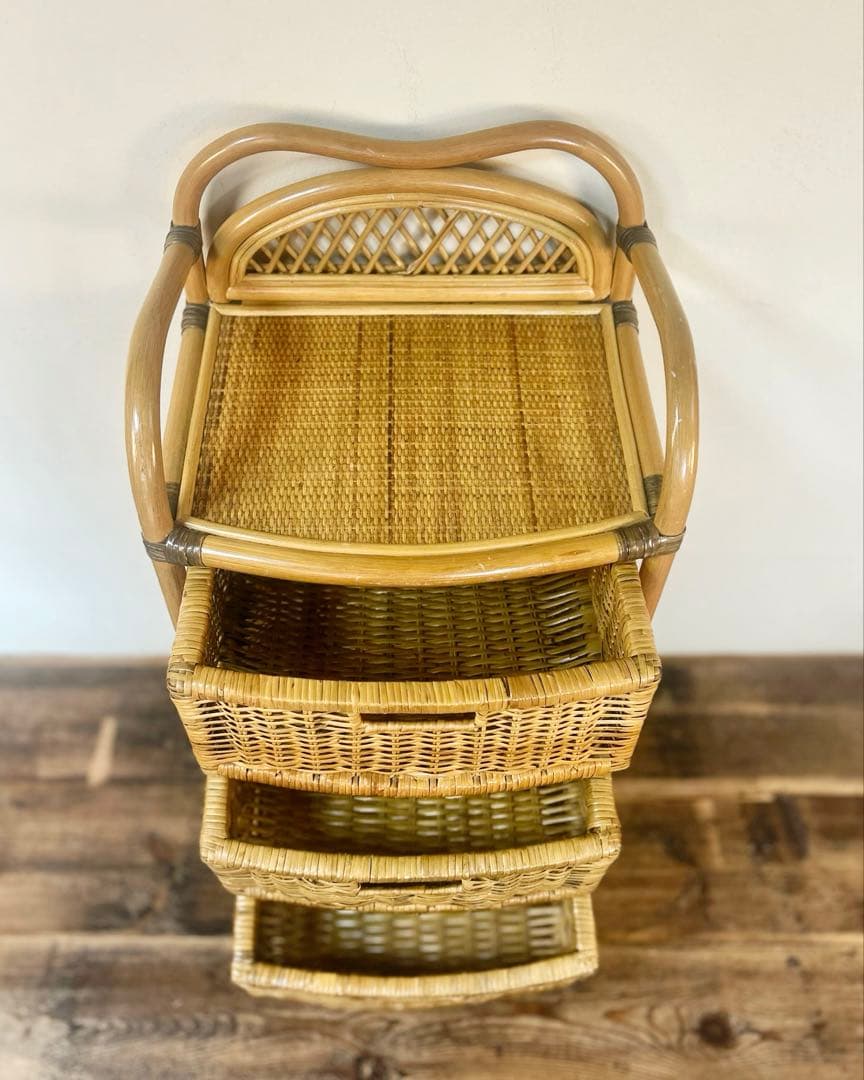 昭和 レトロ 籐 ラタン チェスト ワゴン キャスター　引き出し 天板付　古家具