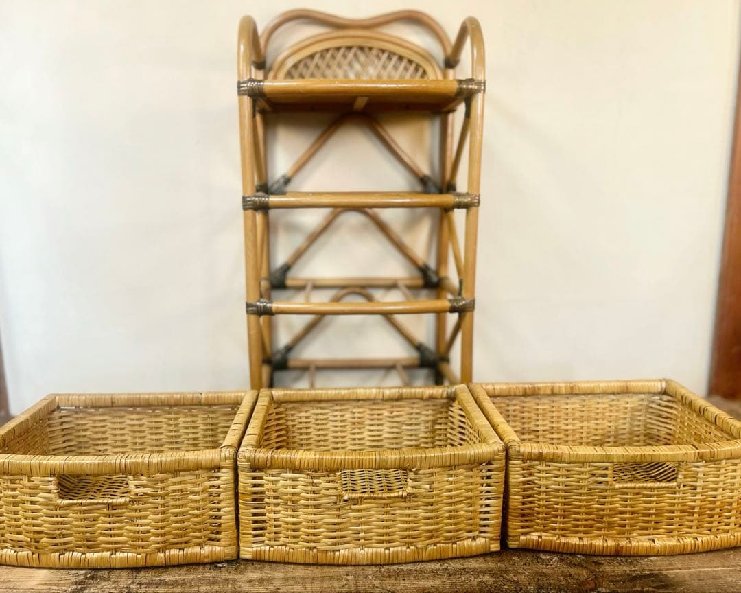 昭和 レトロ 籐 ラタン チェスト ワゴン キャスター　引き出し 天板付　古家具