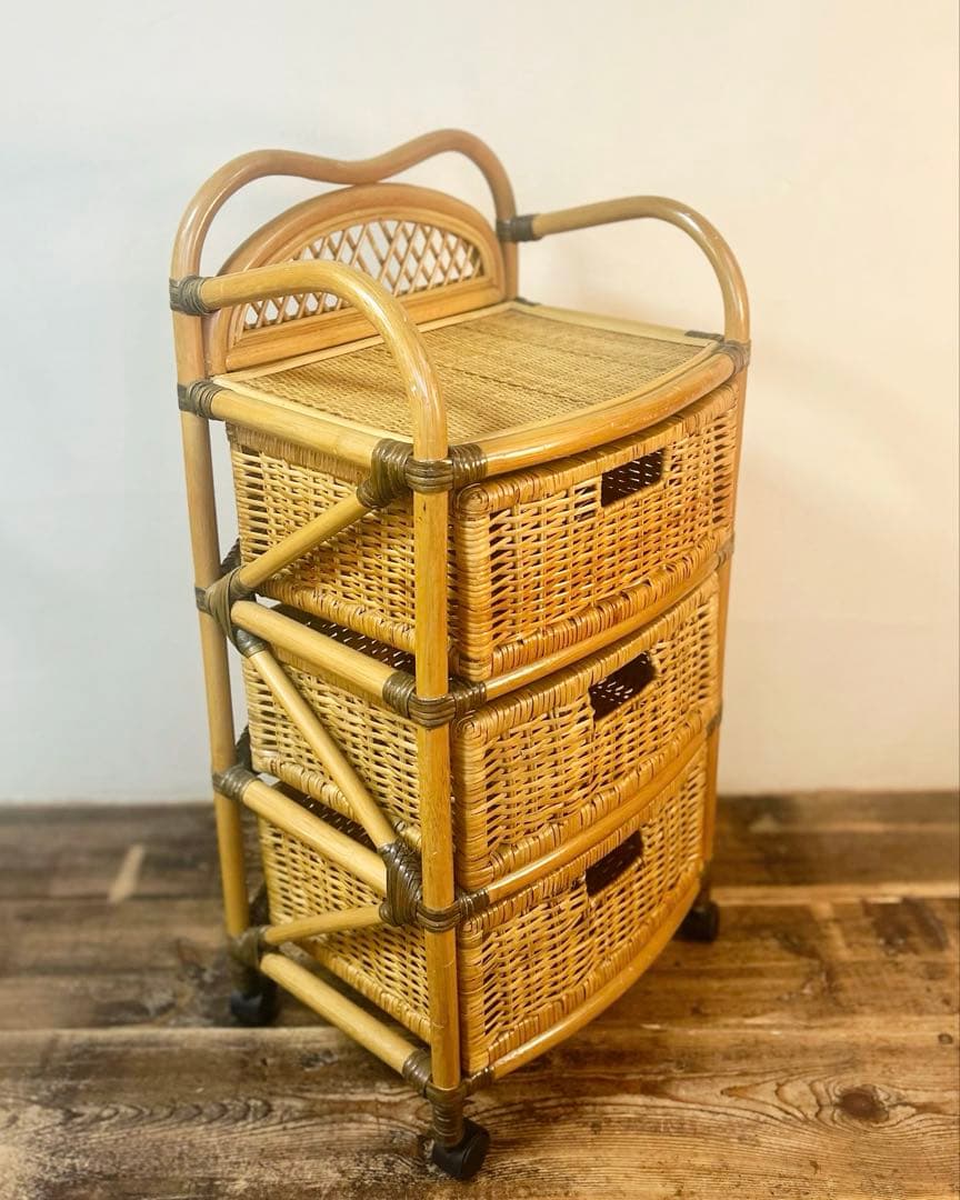 昭和 レトロ 籐 ラタン チェスト ワゴン キャスター　引き出し 天板付　古家具