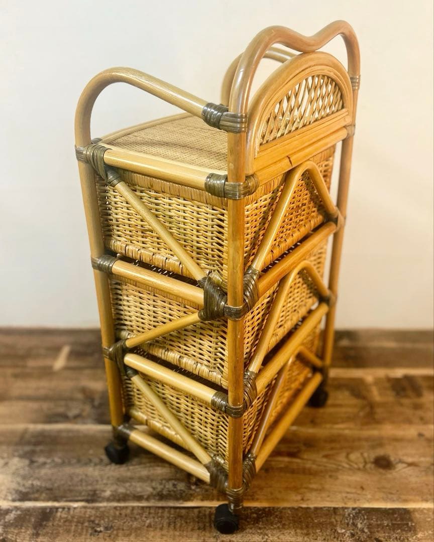 昭和 レトロ 籐 ラタン チェスト ワゴン キャスター　引き出し 天板付　古家具