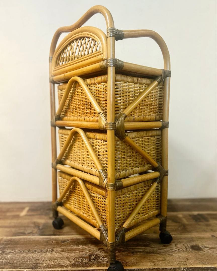 昭和 レトロ 籐 ラタン チェスト ワゴン キャスター　引き出し 天板付　古家具