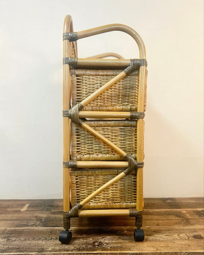 昭和 レトロ 籐 ラタン チェスト ワゴン キャスター　引き出し 天板付　古家具