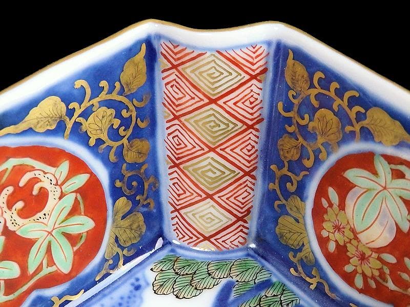 大聖寺伊万里　金襴手　桃に柘榴　大樹に欄干の図　四方角向付　E101AS-CQi