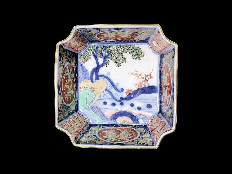 大聖寺伊万里　金襴手　桃に柘榴　大樹に欄干の図　四方角向付　E101AS-CQi