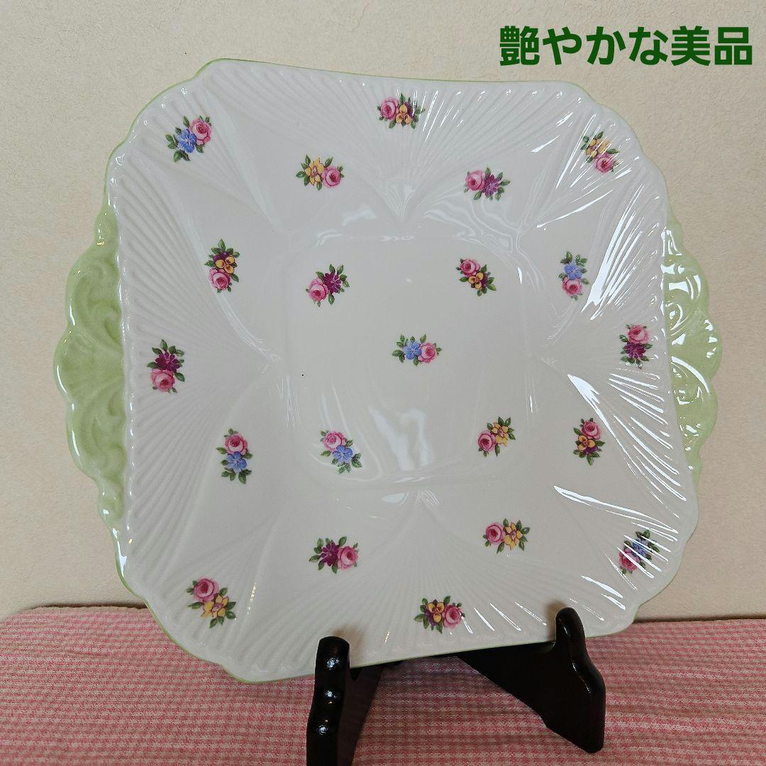 レア Shelley グリーントリム ピンクローズ パンジー ケーキプレート