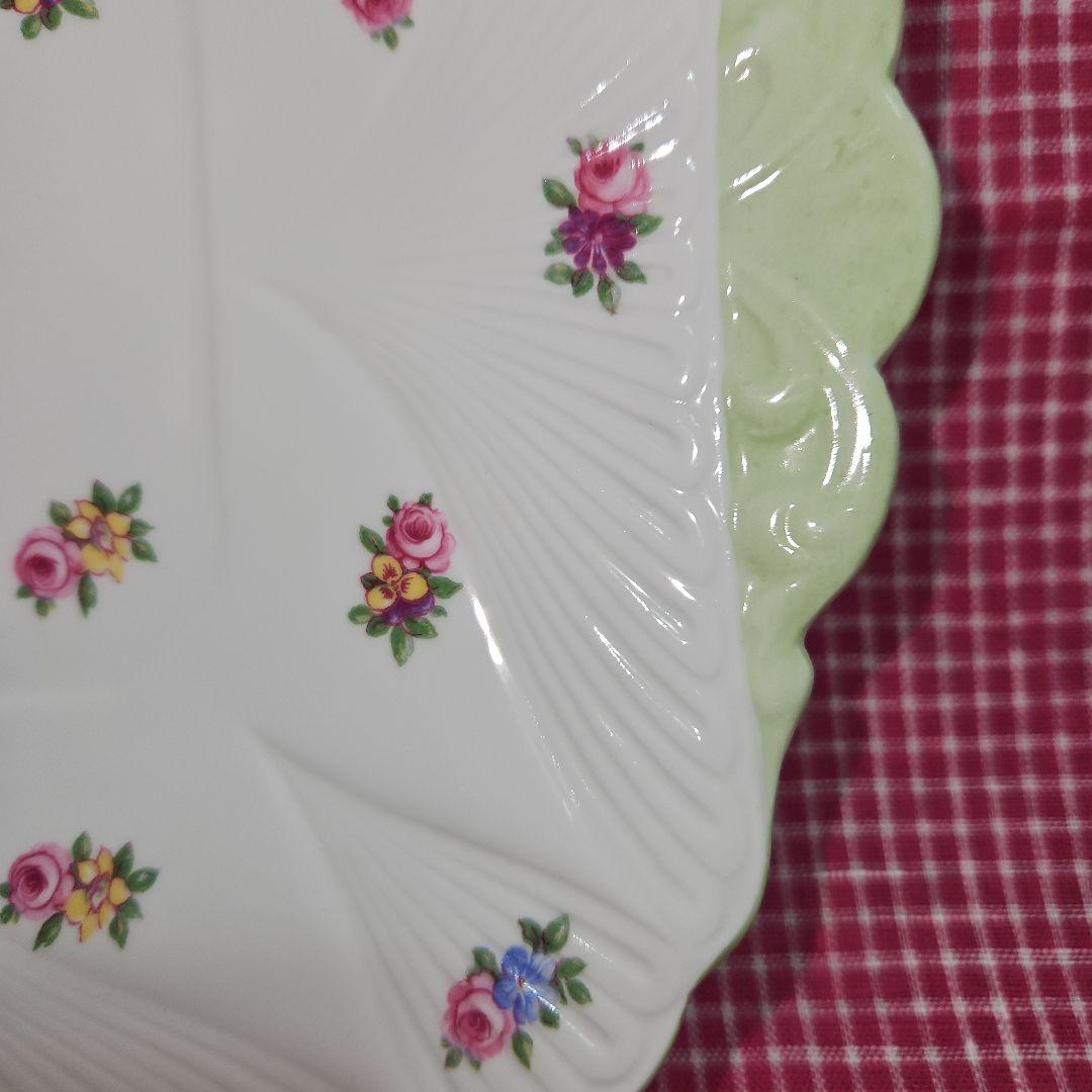 レア Shelley グリーントリム ピンクローズ パンジー ケーキプレート