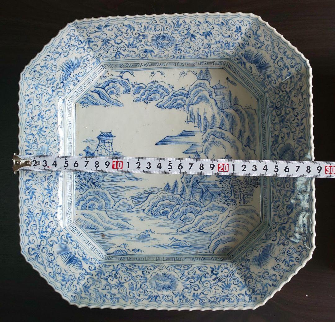 中国陶器 大明成化年製 山水図 青白磁 八角形の風景大皿