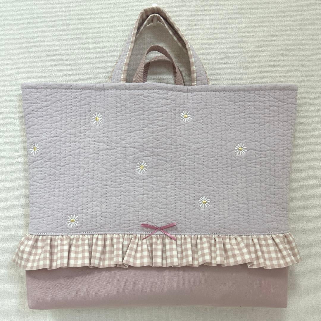 入園入学2点セット　【紫お花ヌビ×くすみピンク】　女の子　上靴袋　レッスンバッグ