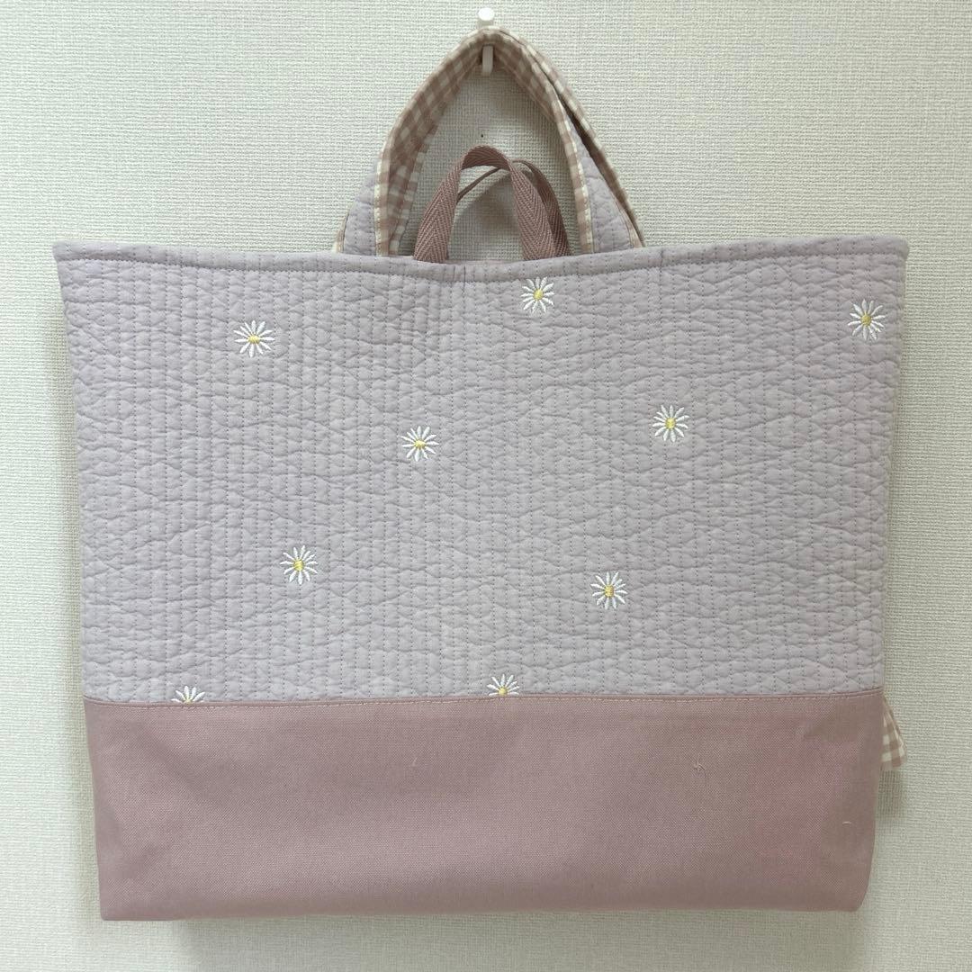 入園入学2点セット　【紫お花ヌビ×くすみピンク】　女の子　上靴袋　レッスンバッグ