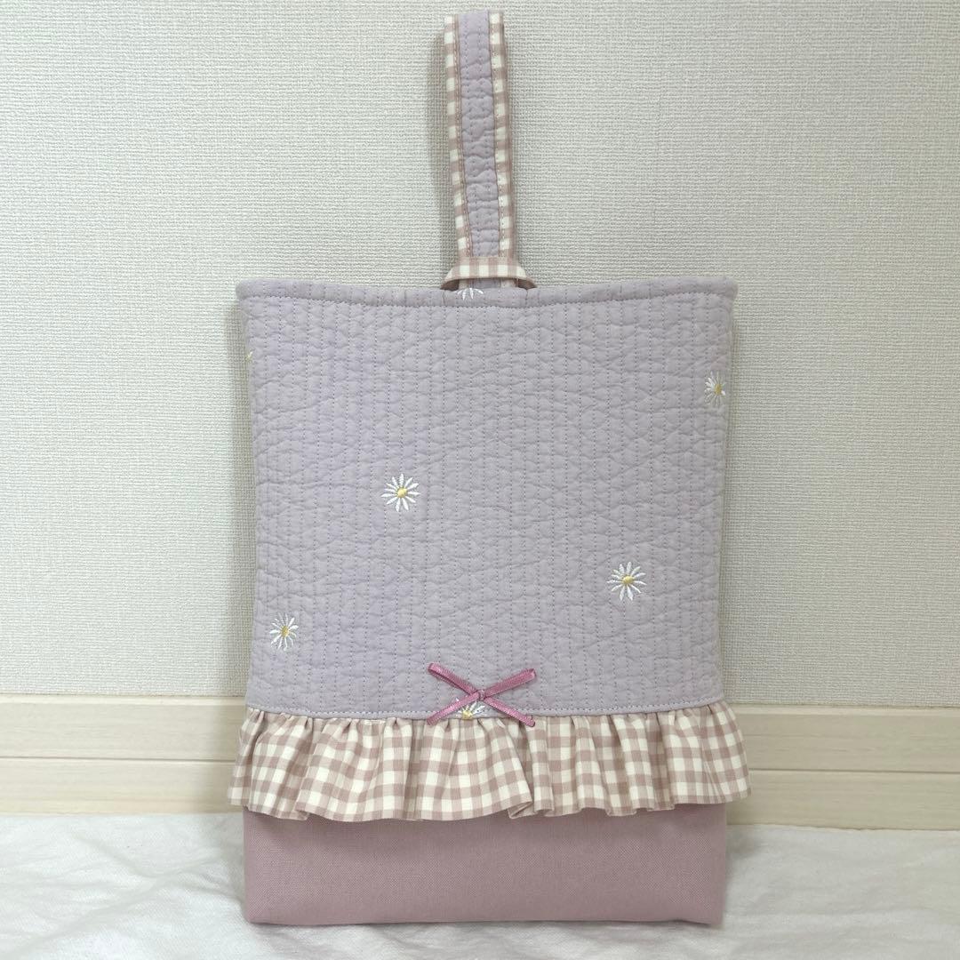 入園入学2点セット　【紫お花ヌビ×くすみピンク】　女の子　上靴袋　レッスンバッグ