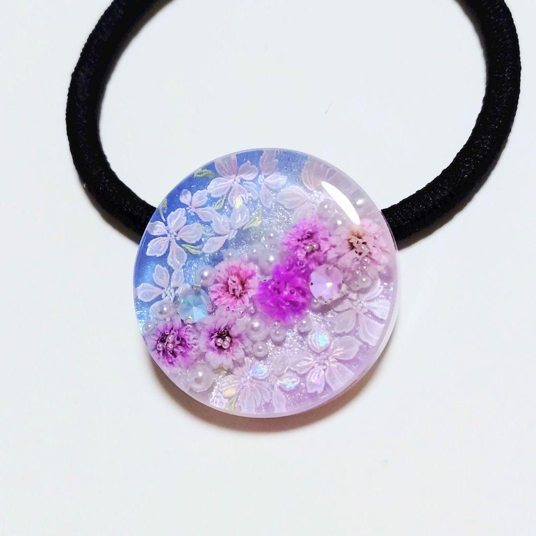 No.416　レジン ヘアゴム キーホルダー ピンバッジ 桜カスミソウ