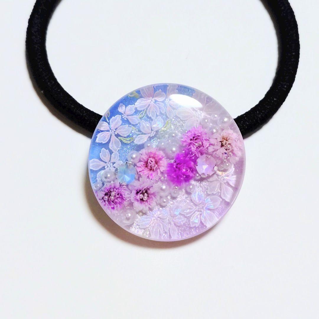 No.416　レジン ヘアゴム キーホルダー ピンバッジ 桜カスミソウ