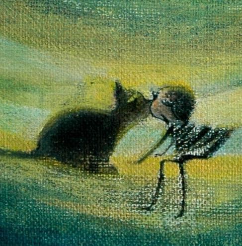 油絵 菅家令子絵 絵画インテリア額付(青緑＋金色の枠)F3-031119猫女の子