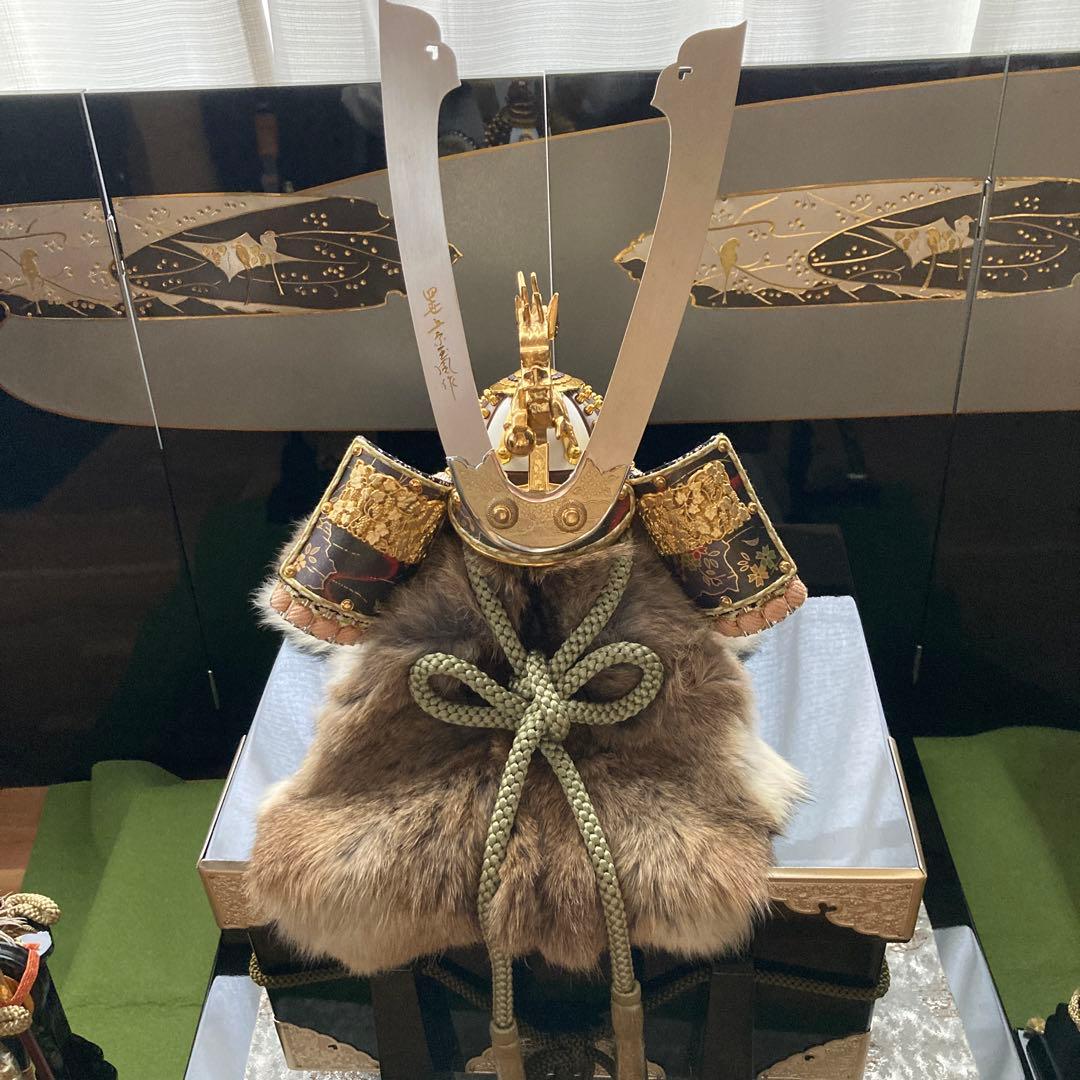 五月人形 兜飾り 上原玉鳳作 正絹糸威 長鍬形兜 弓太刀 屏風付き