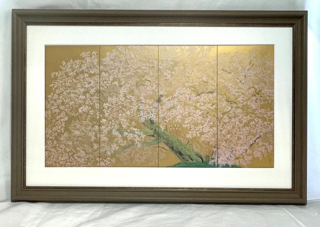 中島千波 『阿蘇一心行の櫻』　ポスター 複製画　額付新品　日本画 金色背景
