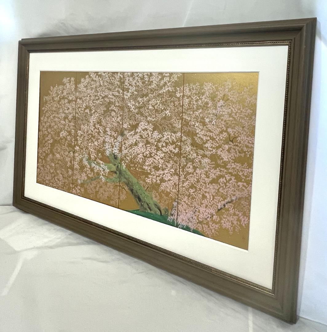 中島千波 『阿蘇一心行の櫻』　ポスター 複製画　額付新品　日本画 金色背景