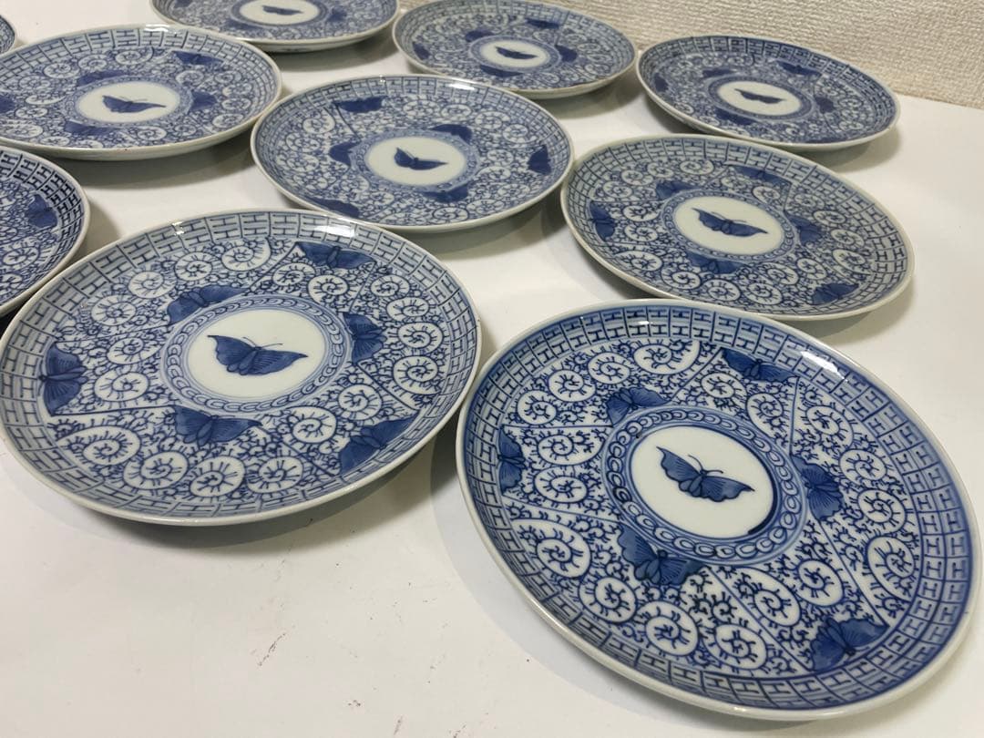 【現状品】古伊万里 染付 陶器 蛸唐草 蝶 大明宣徳年製 アンティーク 10枚②