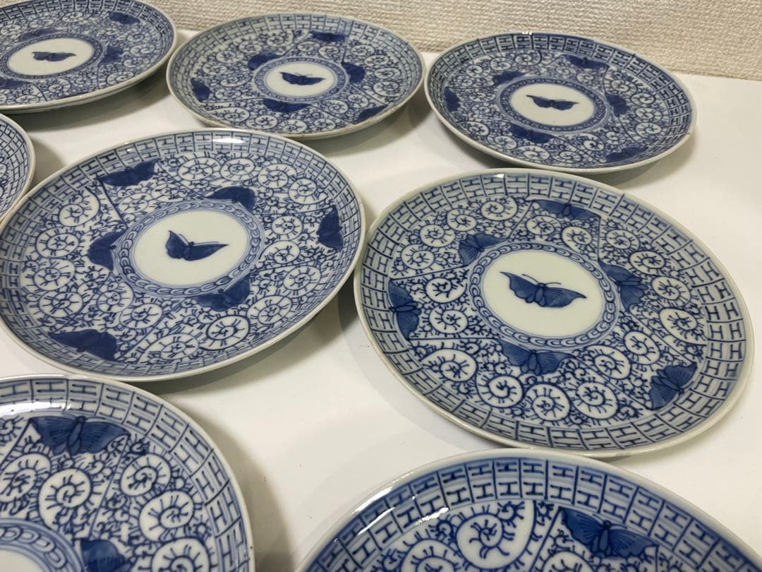 【現状品】古伊万里 染付 陶器 蛸唐草 蝶 大明宣徳年製 アンティーク 10枚②