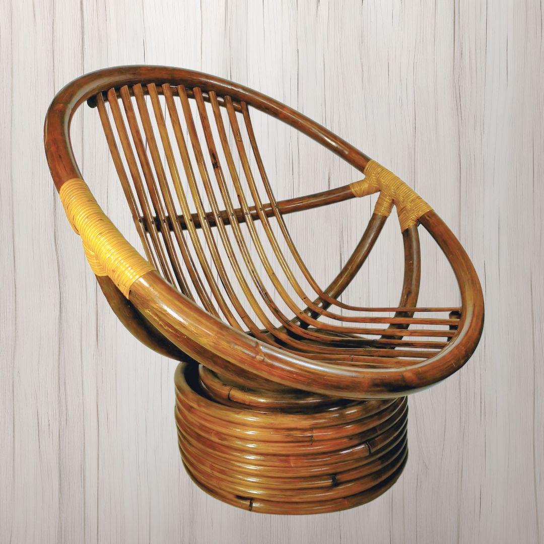 ラタンチェア 360度 回転式 籐家具 昭和レトロ 　クッション付き