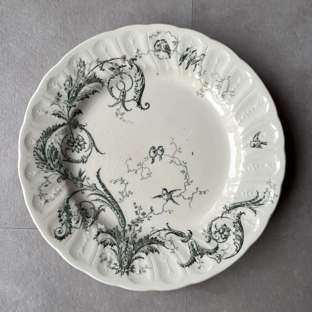 美品　フランス　アンティーク　GIEN ジアン　 唐草と小鳥の平皿プレート