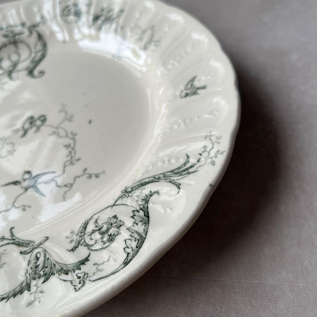 美品　フランス　アンティーク　GIEN ジアン　 唐草と小鳥の平皿プレート