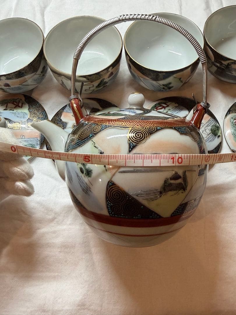 明治、九谷焼き骨董急須、湯呑セット