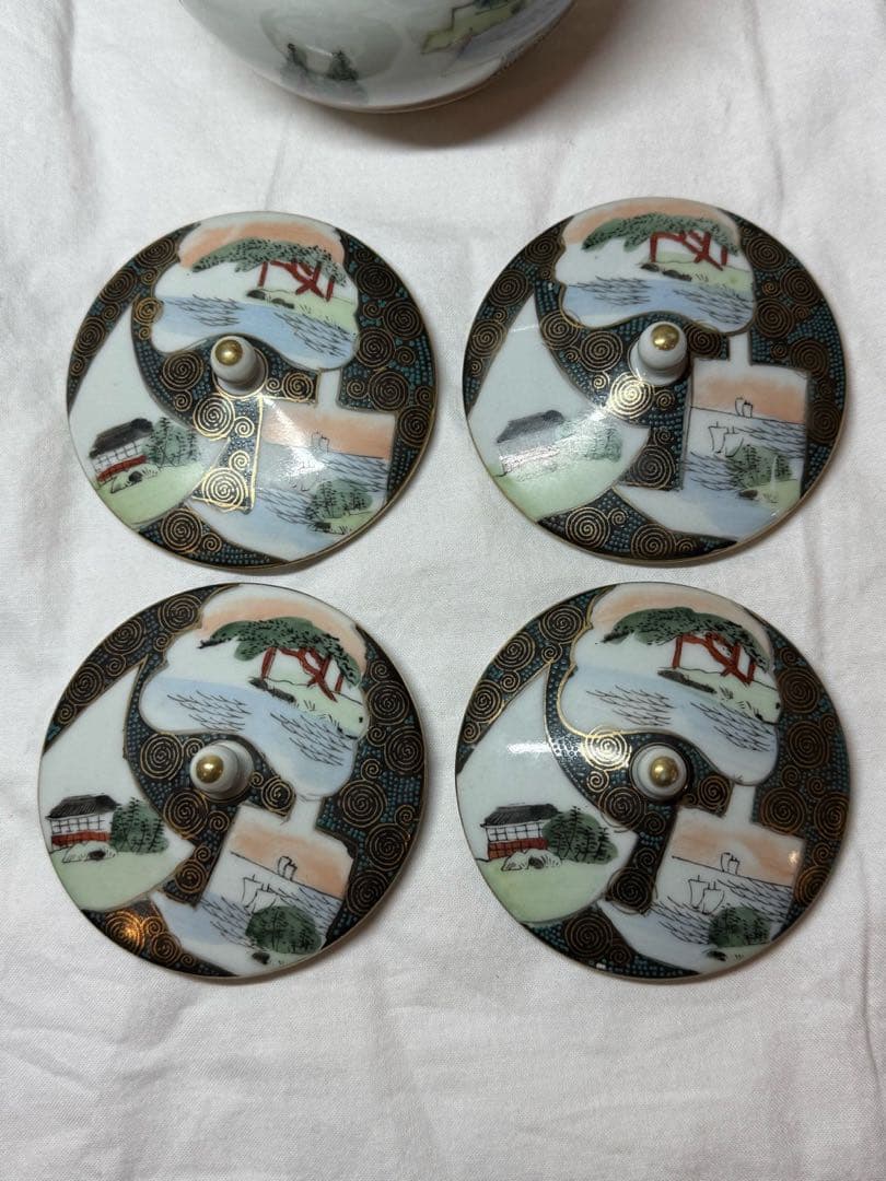 明治、九谷焼き骨董急須、湯呑セット