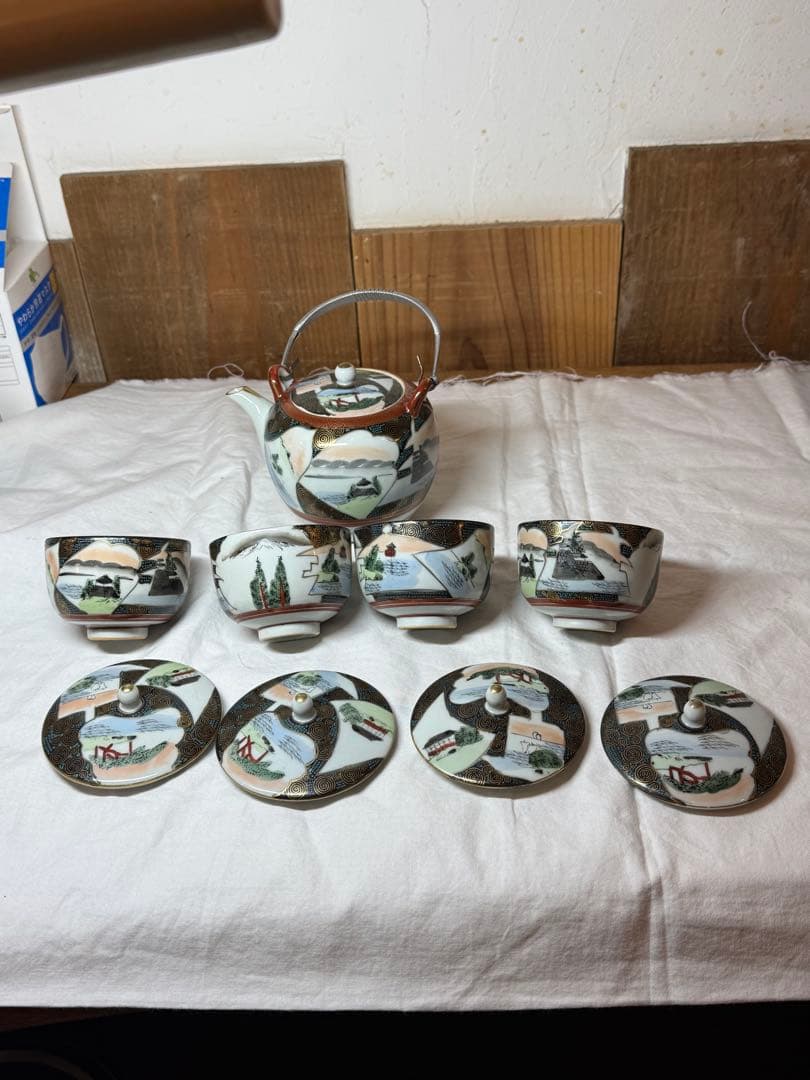 明治、九谷焼き骨董急須、湯呑セット