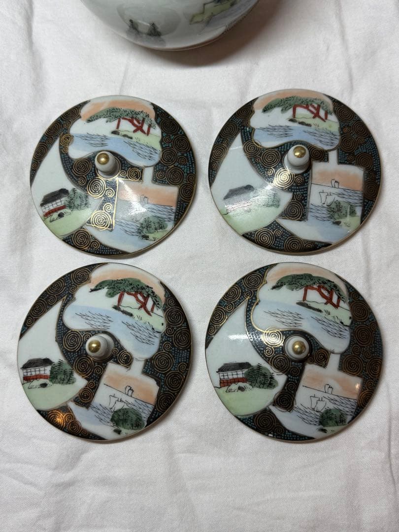 明治、九谷焼き骨董急須、湯呑セット