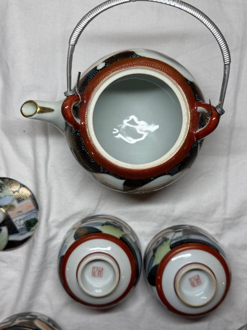 明治、九谷焼き骨董急須、湯呑セット
