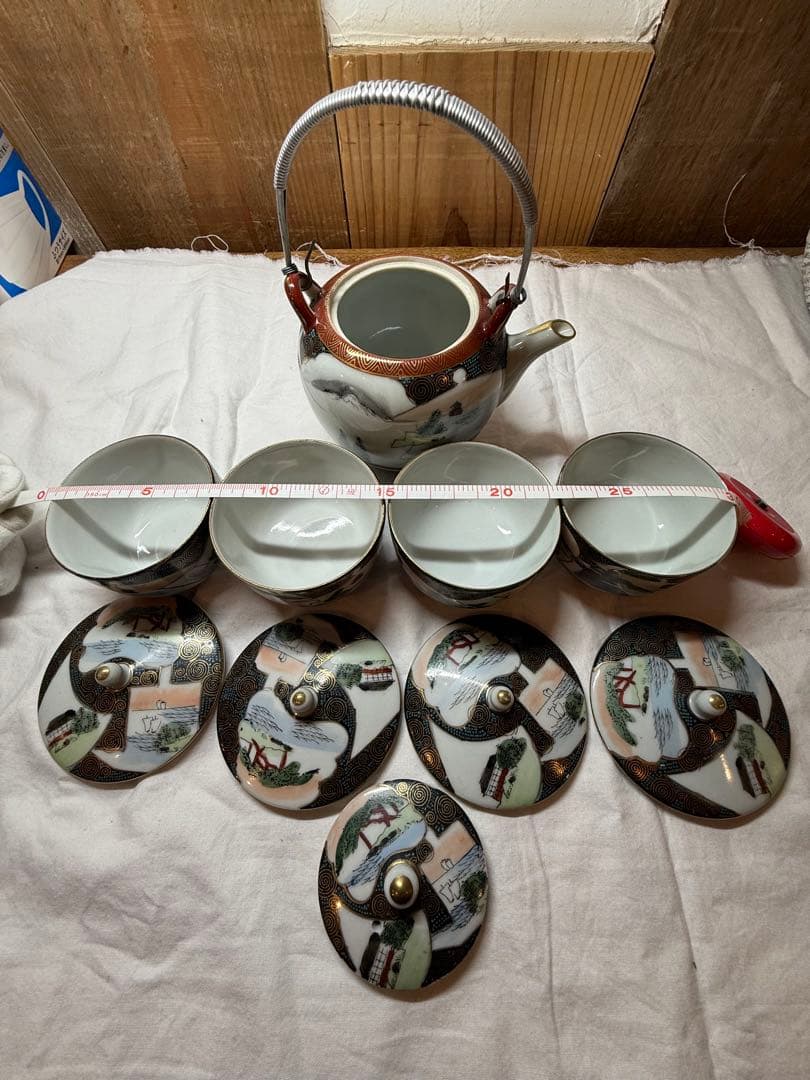 明治、九谷焼き骨董急須、湯呑セット