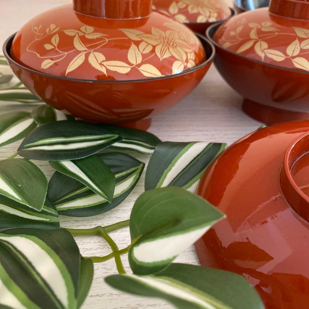 【和食器⭐︎送料込】蓋つき煮物椀 5個セット 茶色 花模様　直径12.5㌢