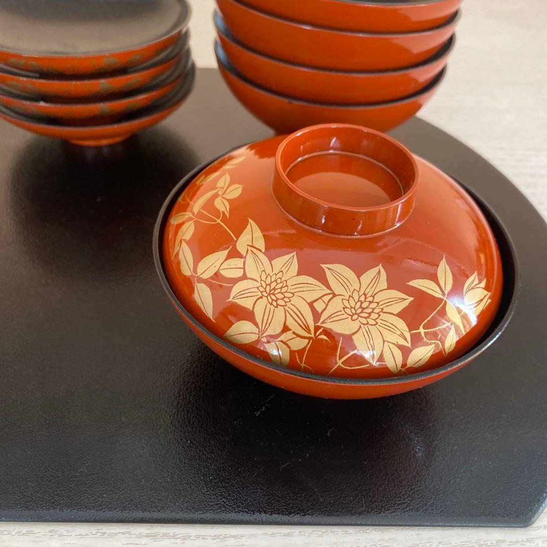 【和食器⭐︎送料込】蓋つき煮物椀 5個セット 茶色 花模様　直径12.5㌢