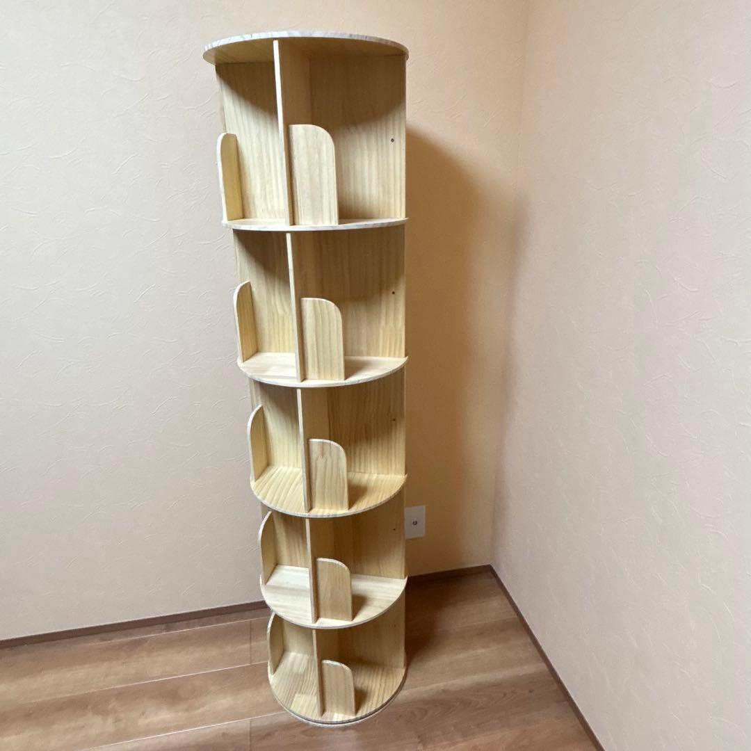 【直接取引価格】完成品　円柱型　木製本棚 回る回転　木製　５段　ナチュラル