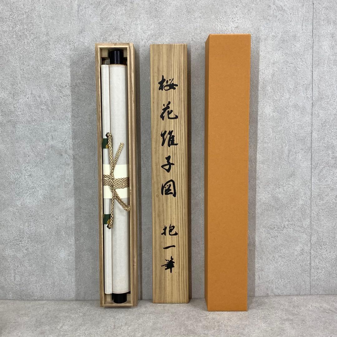 1-39 掛軸 酒井抱一 桜花雉子図 木箱 工芸 印刷 花鳥図 2月