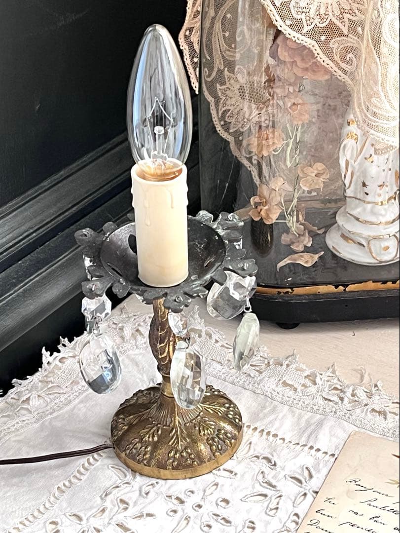 【美品】フランスアンティーク ブロンズ装飾 ガラスドロップ 卓上ランプ 3055