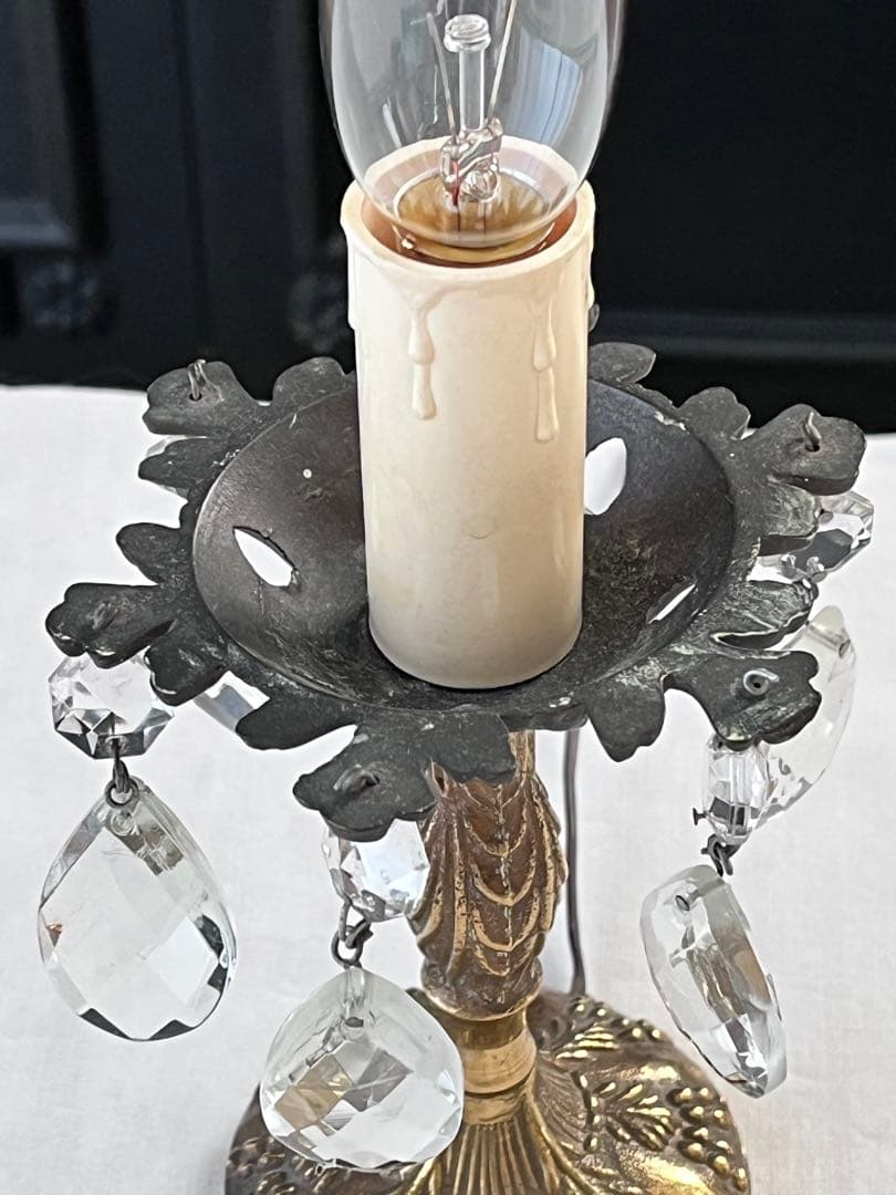 【美品】フランスアンティーク ブロンズ装飾 ガラスドロップ 卓上ランプ 3055