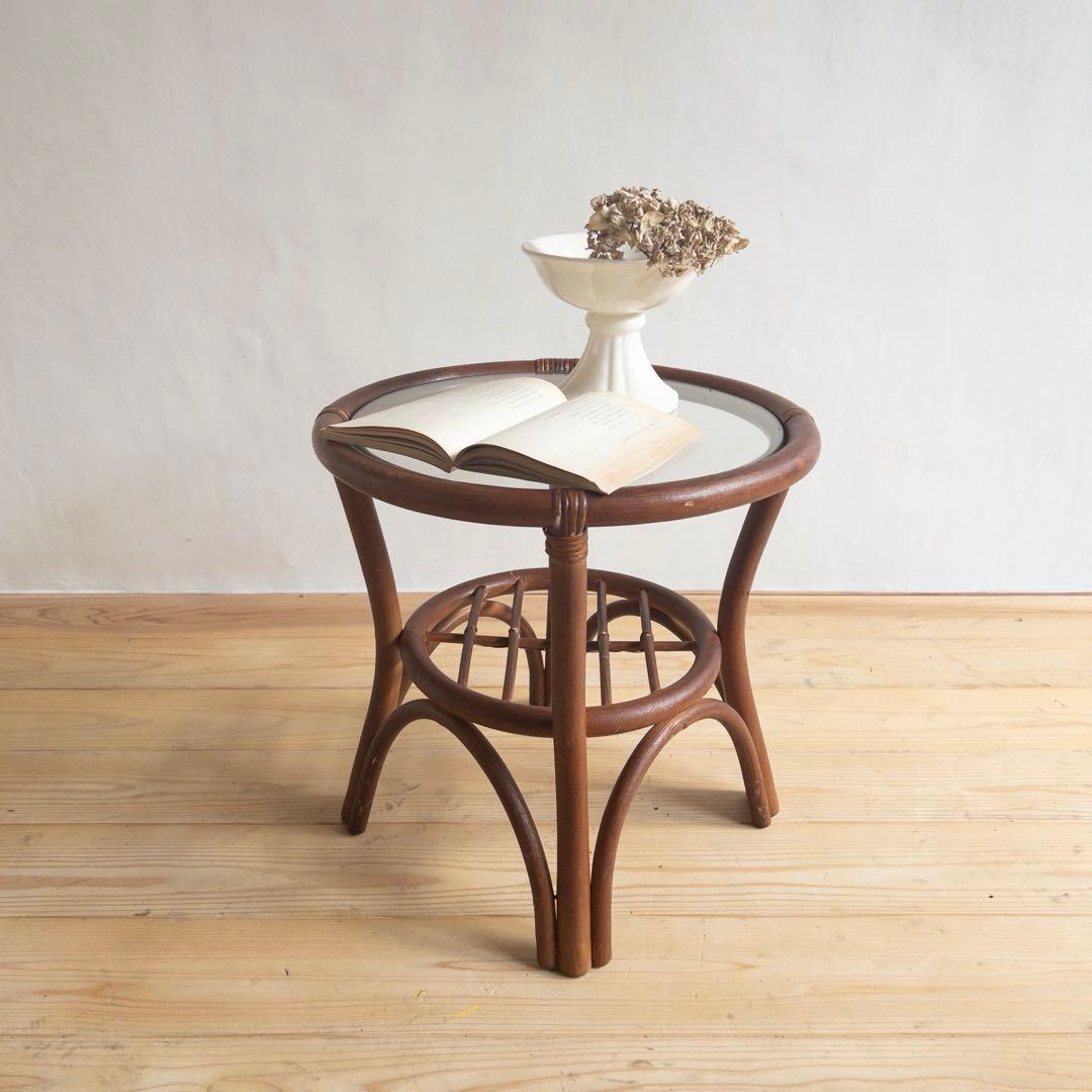 ラタン　サイドテーブル　ガラステーブル　古道具　古家具　ビンテージ　アンティーク