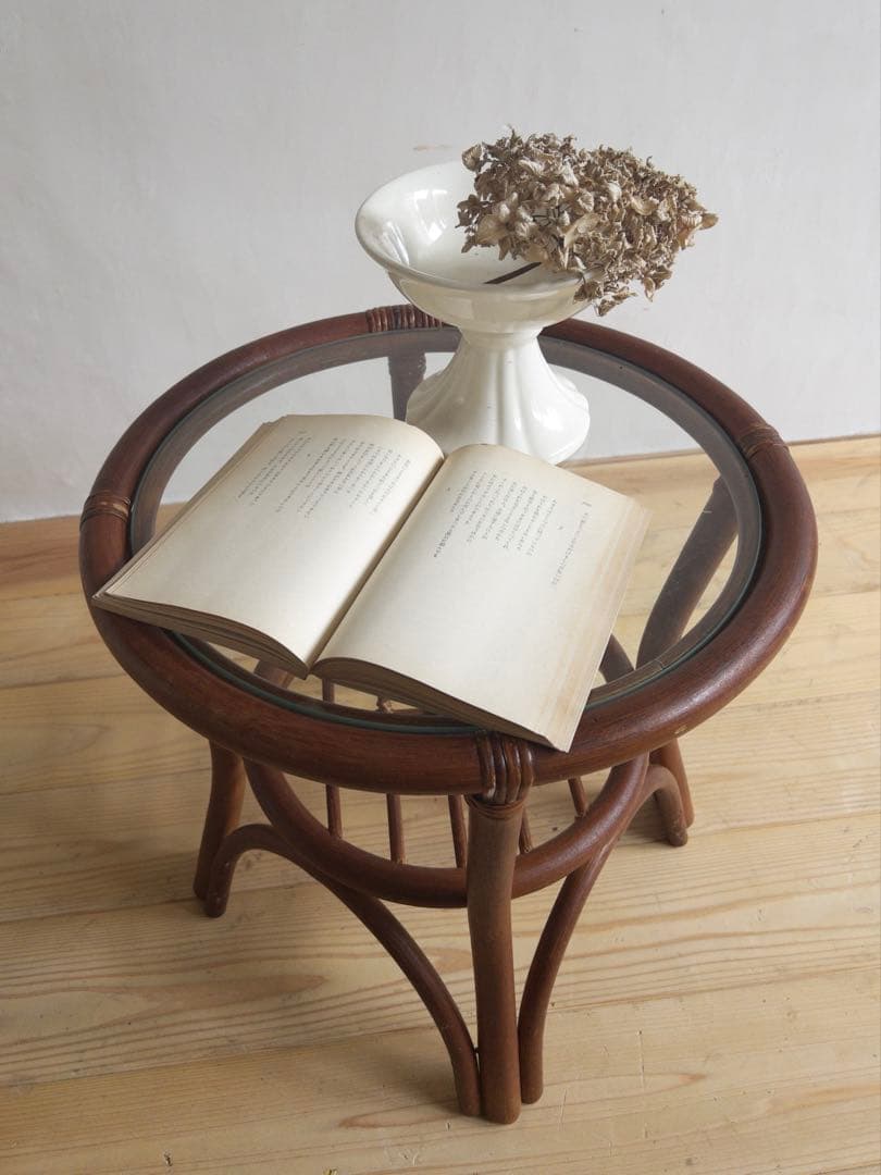 ラタン　サイドテーブル　ガラステーブル　古道具　古家具　ビンテージ　アンティーク